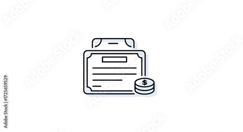 Conceptual illustration representing investment document with coins on a white background