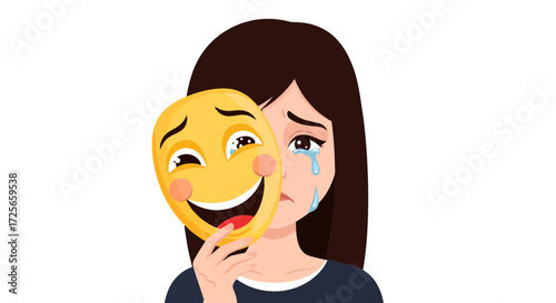 Concealing sorrow a woman behind a smiling mask illustrates hidden emotions and duplicity