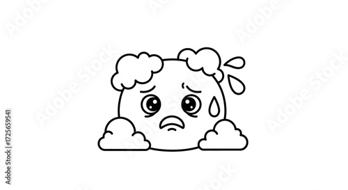 Contour Illustration of Anxious Emoji Character Overwhelmed by Cloud Overload