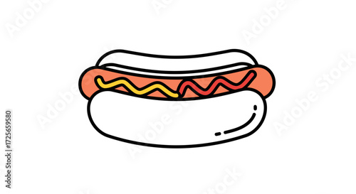Delicious hotdog illustration with vibrant condiments, perfect for fast food promotions and