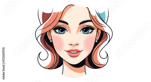 Elegant woman portrait with stylized wavy hair and captivating blue eyes illustration