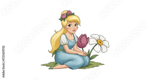 Enchanting illustration of a blonde maiden amidst blooming flora in a serene setting