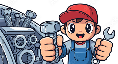 Enthusiastic cartoon mechanic displaying expertise with precision tools and components