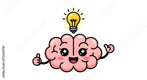 Excited brain with bright lightbulb conveying a eureka moment for education and creativity