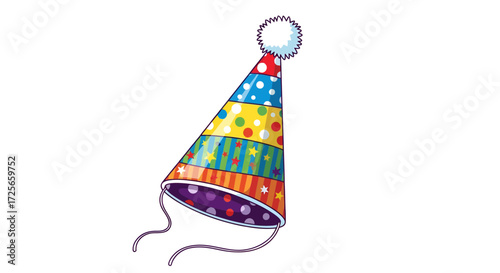Festive conical party hat with multiple patterned bands for celebratory occasions