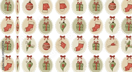 Charming vintage Christmas icons like presents, stockings, ornaments, and mittens create a festive, cozy pattern perfect for holiday decor and crafts