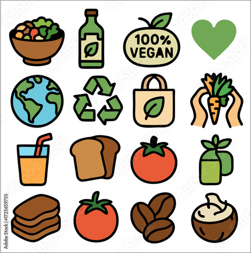 Flat icons celebrating World Vegan Day with a vibrant design. Each icon is created with thick black lines and solid colors