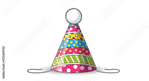 Festive party hat illustration with playful patterns and a fluffy pom-pom topper adding a