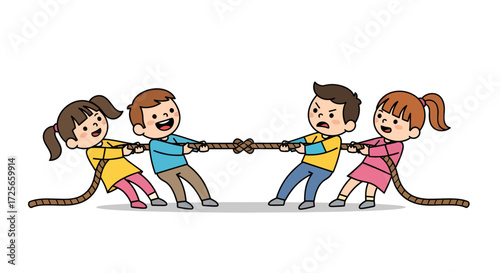 Illustrative cartoon of children engaged in a vigorous tug-of-war competition showing