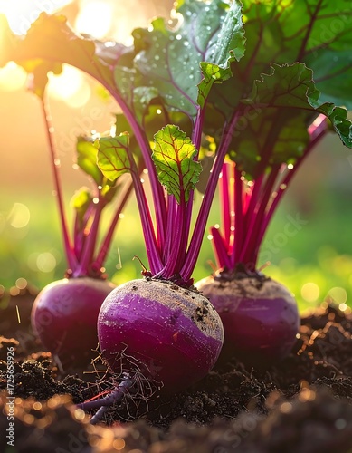 Beetroots in a garden at sunset