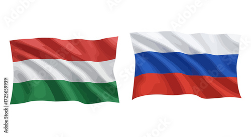 Illustrative comparison of the national flags of Hungary and Russia displayed side by side