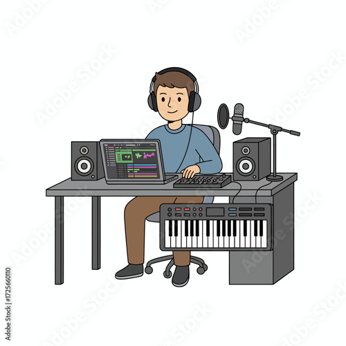 A music producer or audio engineer composing and mixing a track in a home recording studio setup.