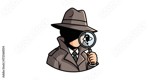 Mysterious cartoon investigator in a trench coat with a magnifying glass icon