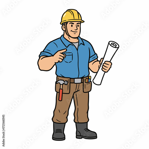 A confident construction worker with a hard hat and tool belt holds a blueprint and points forward.