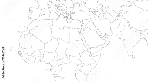 Outlined geographical map showcasing Africa, the Middle East and parts of Europe and Asia