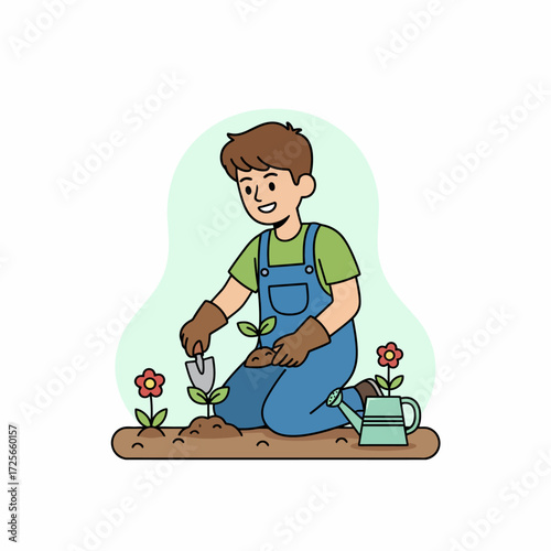 A smiling boy in overalls is gardening, carefully planting a small sprout in the soil with a trowel.