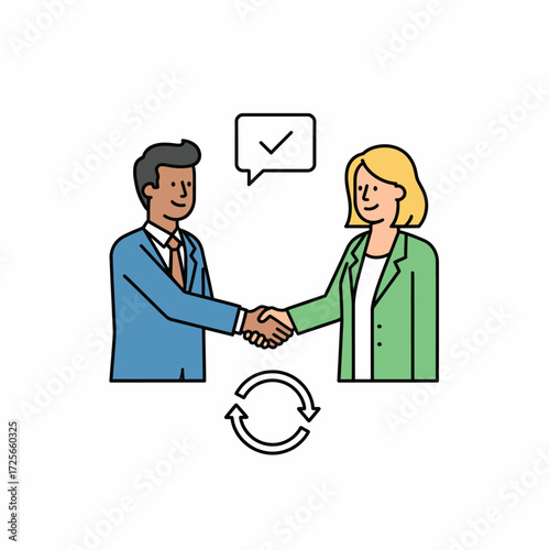 A businessman and businesswoman confirm a successful partnership with a firm handshake and agreement icons.