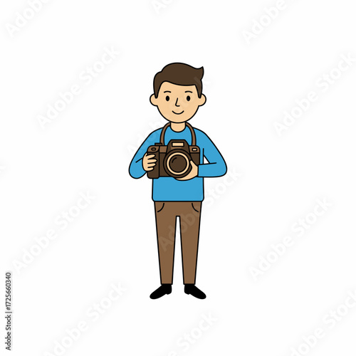A friendly cartoon photographer stands holding his professional camera, ready to take a picture.