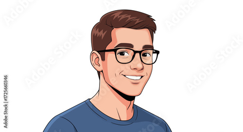 Smiling cartoon man with glasses portrait conveys approachable modern appeal and simplicity