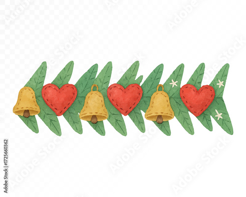Felt Christmas garland with stitched edges, decorated with red hearts, yellow bells and green fir branches, cozy handmade festive holiday ornament. Watercolor vector illustration.