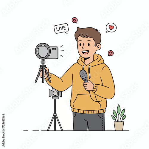 A male content creator is live streaming, holding a microphone with a camera on a tripod.