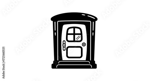 Stylized whimsical doorway illustration, black and white welcoming entrance design with arch