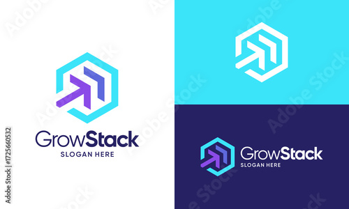 Grow stack logo design. Stack box concept vector design with abstract arrow up modern symbol graphic icon