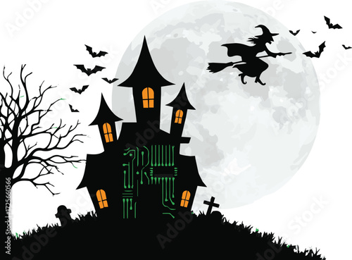 Silhouette of a spooky haunted house with a digital circuit board facade against a full moon with a flying witch and bats