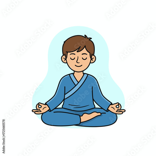 A calm cartoon man in blue robes meditating peacefully in a cross-legged lotus position with eyes closed.