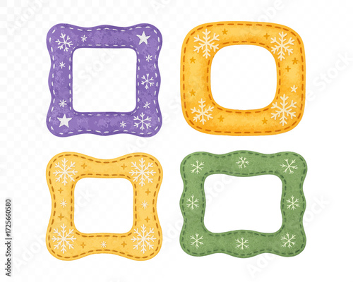 Set of felt festive frames with stitched edges, decorated with snowflakes and stars, cozy handmade Christmas borders in purple, yellow and green colors. Watercolor vector illustration.