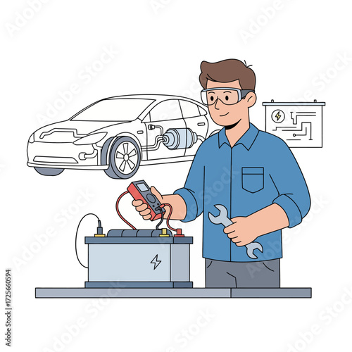A male technician in safety glasses tests an electric car battery with a multimeter and wrench.