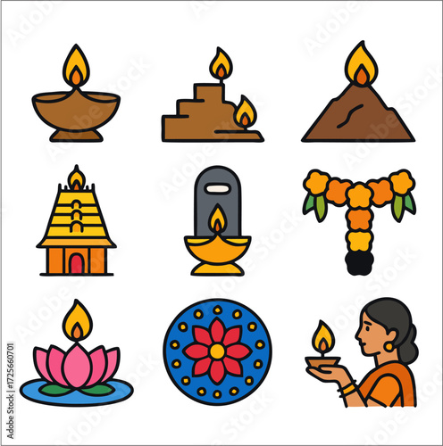 A festive flat 2D icon collection inspired by Karthigai Deepam, the Hindu festival of lights celebrated in Tamil Nadu, India