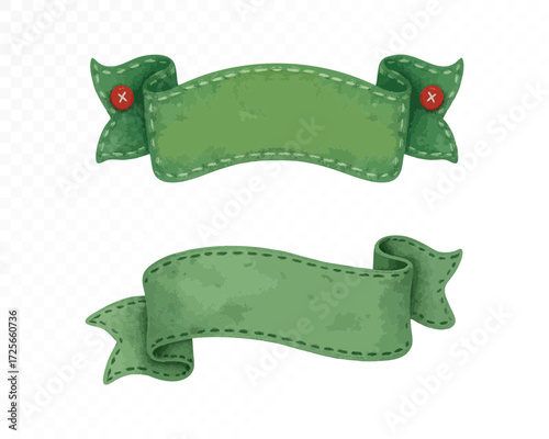 Set of felt green banners with stitched edges, one decorated with red button details and one curved ribbon design, cozy handmade festive holiday decoration. Watercolor vector illustration.