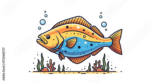 Whimsical underwater world featuring colorful fish amid aquatic flora and rising bubbles