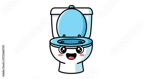 Whimsical water closet cartoon with happy facial expression and blue accent features