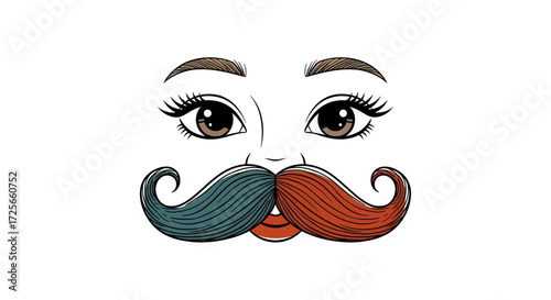 Whimsical visage featuring large eyes and a divided mustache in contrasting colors creates a funny