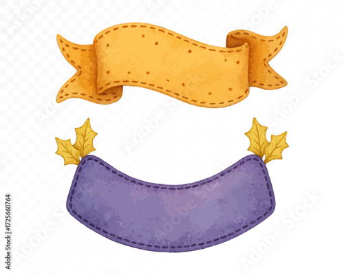 Set of felt decorative ribbons with stitched edges, one yellow banner with folded ends and one purple curved ribbon with holly leaves, cozy handmade festive decoration. Watercolor vector illustration.
