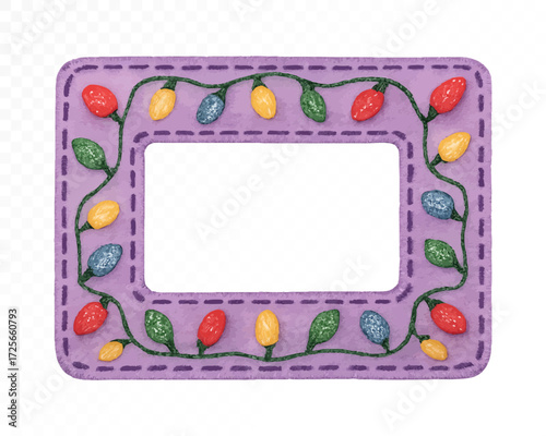 Purple felt rectangular frame with stitched edges, decorated with colorful Christmas string lights in red, yellow, blue and green, cozy handmade festive border ornament. Watercolor vector illustration