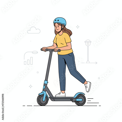 A young woman wearing a helmet smiles while riding a modern blue electric scooter in a city setting.