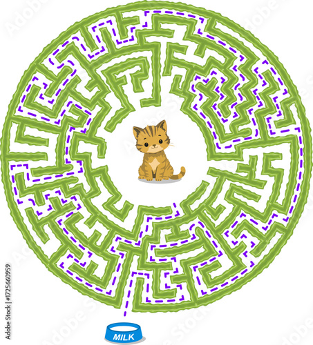 Help the cat to find way out to get milk. Vector green medium difficulty round hedge maze Illustration isolated on white background.