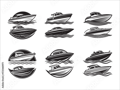 Set of vector speed boat illustrations various designs in black and white