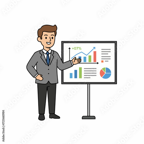 A businessman in a suit gives a presentation, pointing at a whiteboard with charts showing business growth.