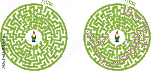 Help the garden gnome to leave the open air round labyrinth made of garden bushes and grass. Education logic game for kids, preschool and school pupils isolated on white.