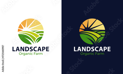 Farmland landscape logo design. Abstract Farm food badge vector design with Sun and mountain peak graphic icon symbol