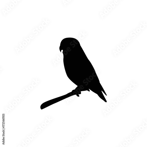 A clean, bold silhouette of a parakeet perched on a branch against a pure white background.