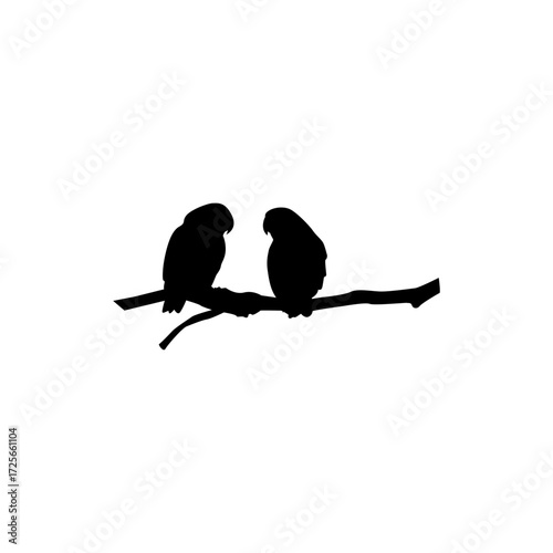 Simple black silhouette of two parrots perched on a branch, creating a peaceful and intimate mood.