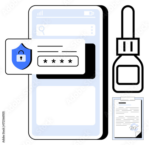 Mobile device with password input and shield, signed clipboard document, and seal bottle. Ideal for cybersecurity, authentication, privacy, digital signature, data protection, online safety trust