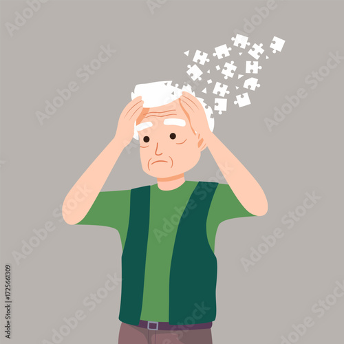 Frustrated old man suffer from dementia loss memory. Confused senior male struggle with Alzheimer disease. Elderly healthcare and medicine concept. Flat vector illustration