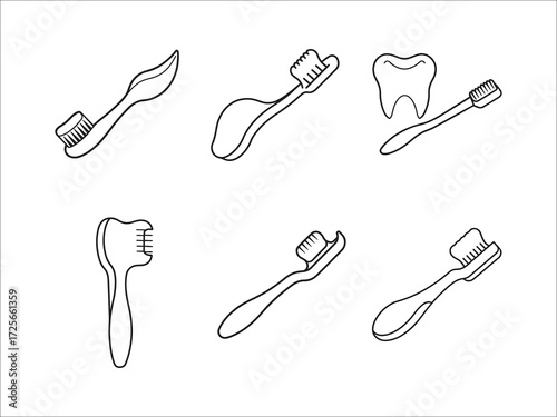 Variety of toothbrush designs and a tooth outline illustration set