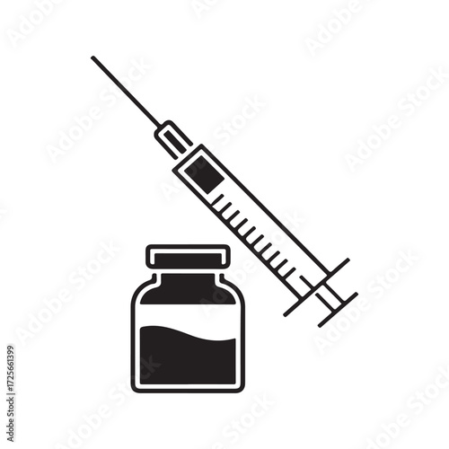 Vector art of black and white outline illustration of a medical syringe and vial silhouette